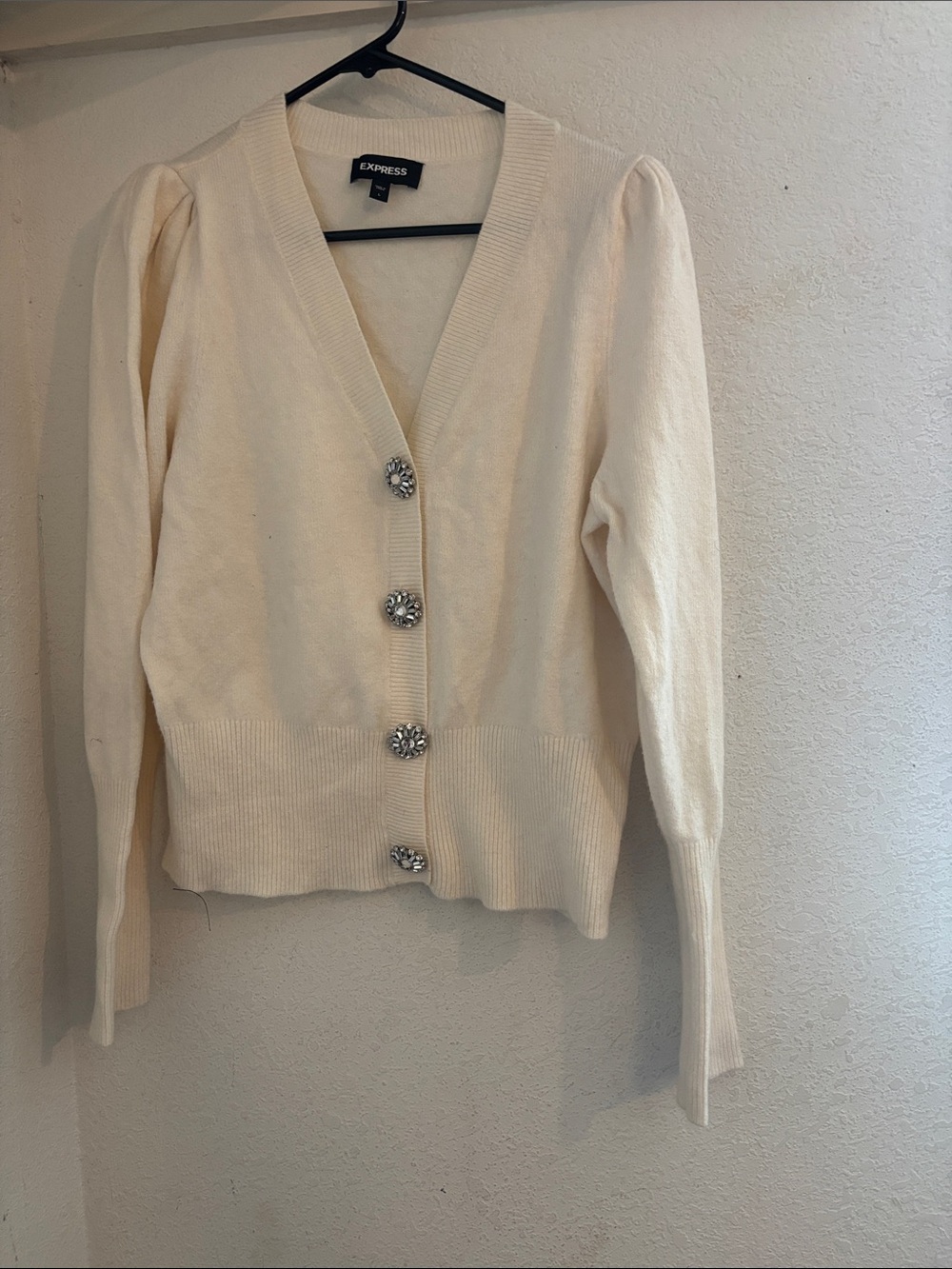 Express Cream V-Neck Cardigan with Decorative Jewel Buttons